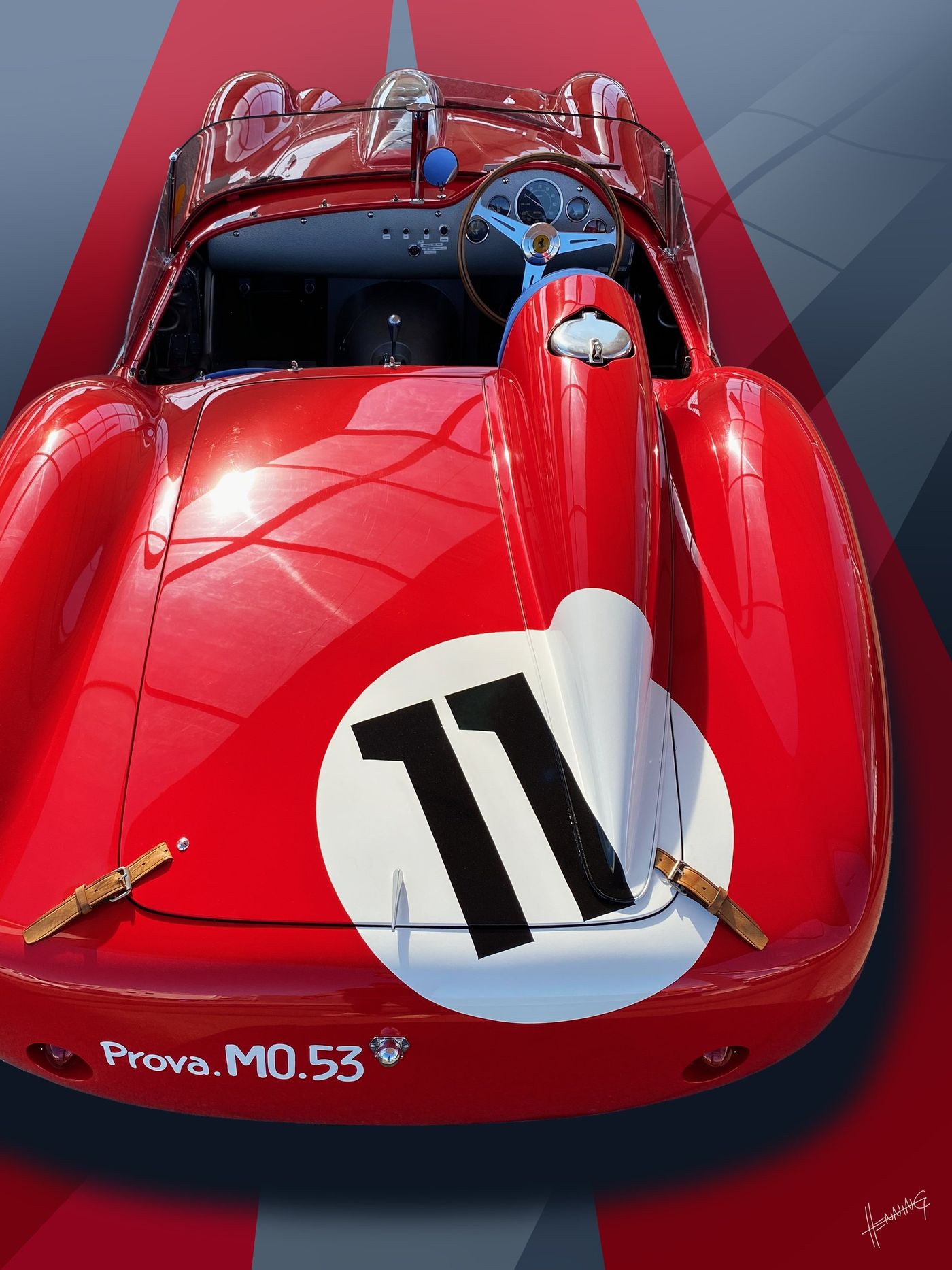 Red racing car, number 11, from above