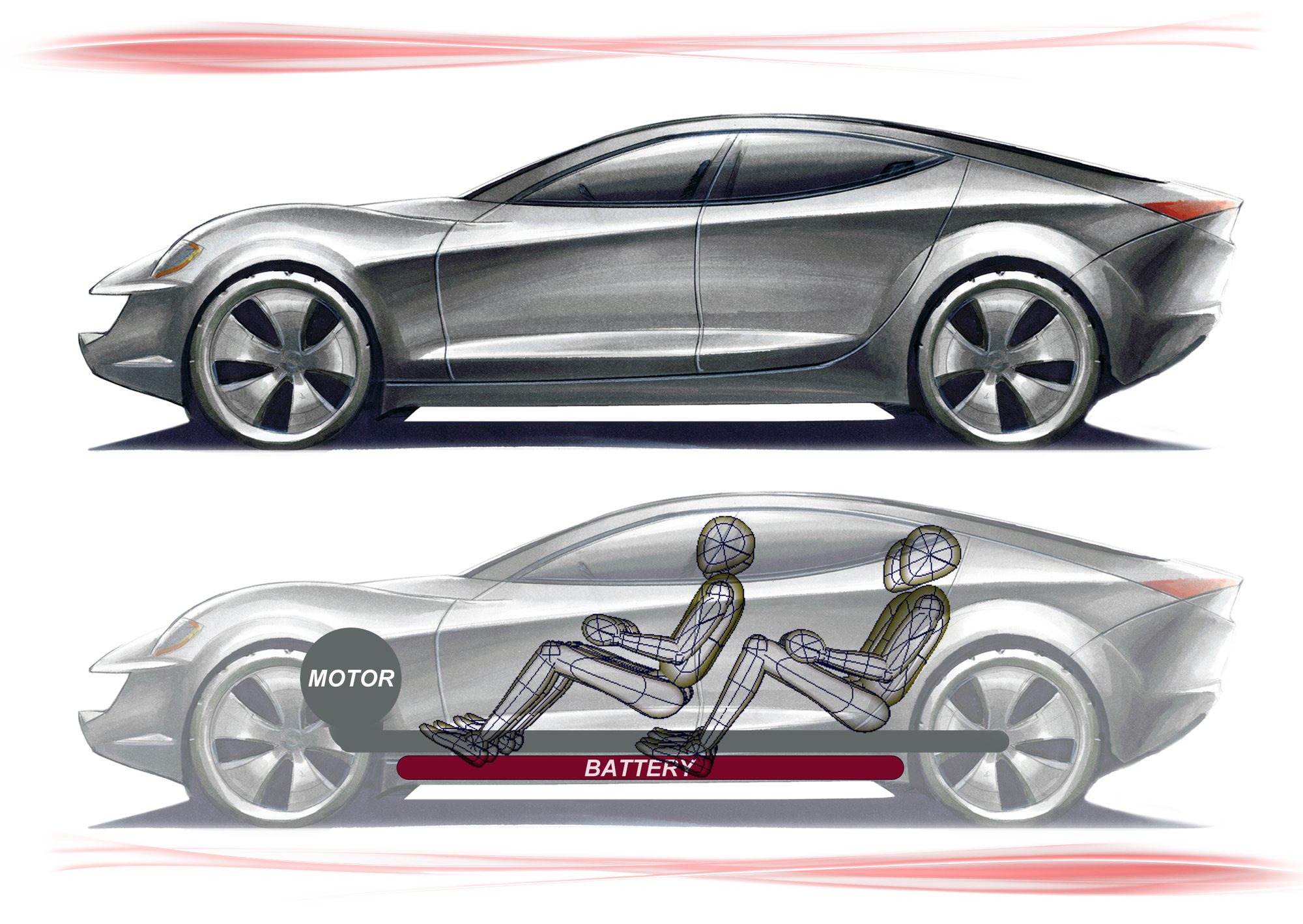 Student sketch of an electric coupe with package