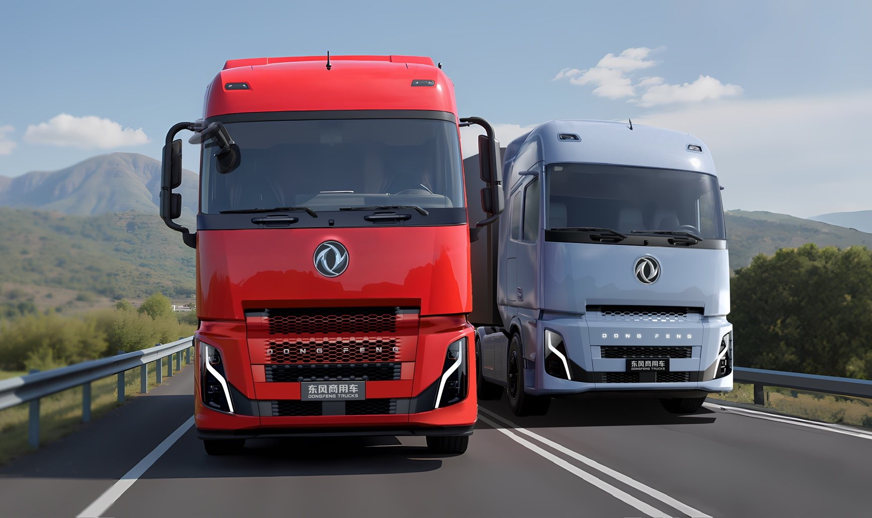 Two Dongfeng heavy trucks on the road